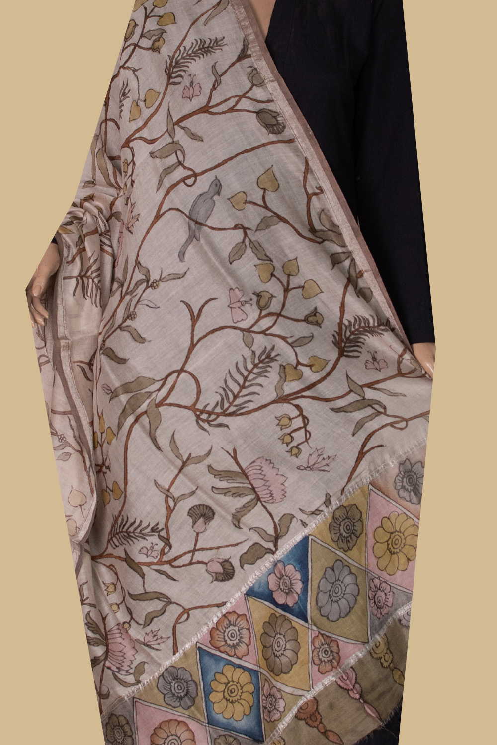Cream Floral Painted kalamkari Silk Cotton Dupatta