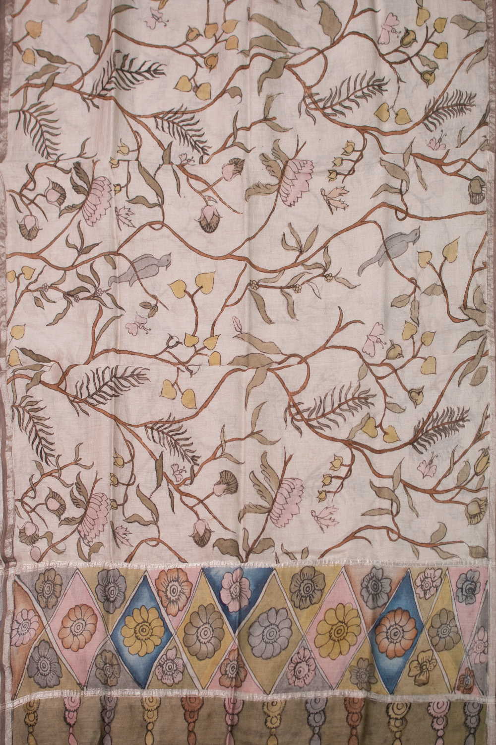 Cream Floral Painted kalamkari Silk Cotton Dupatta - Image 3