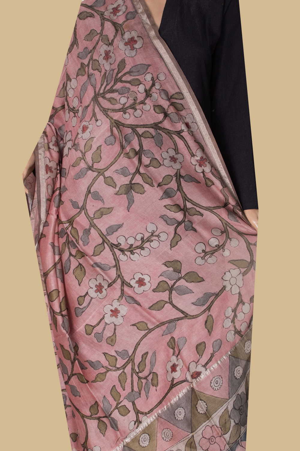 Blossom Trail Painted kalamkari Silk Cotton Dupatta