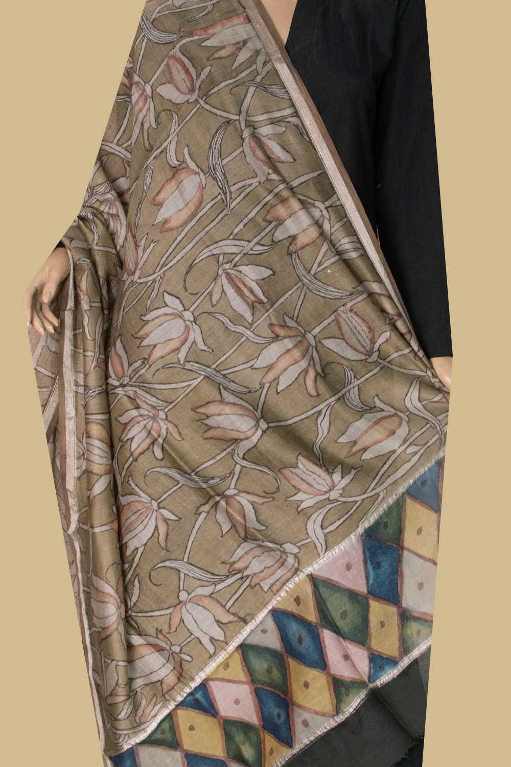 Lotus Pattern - Painted kalamkari Silk Cotton Dupatta