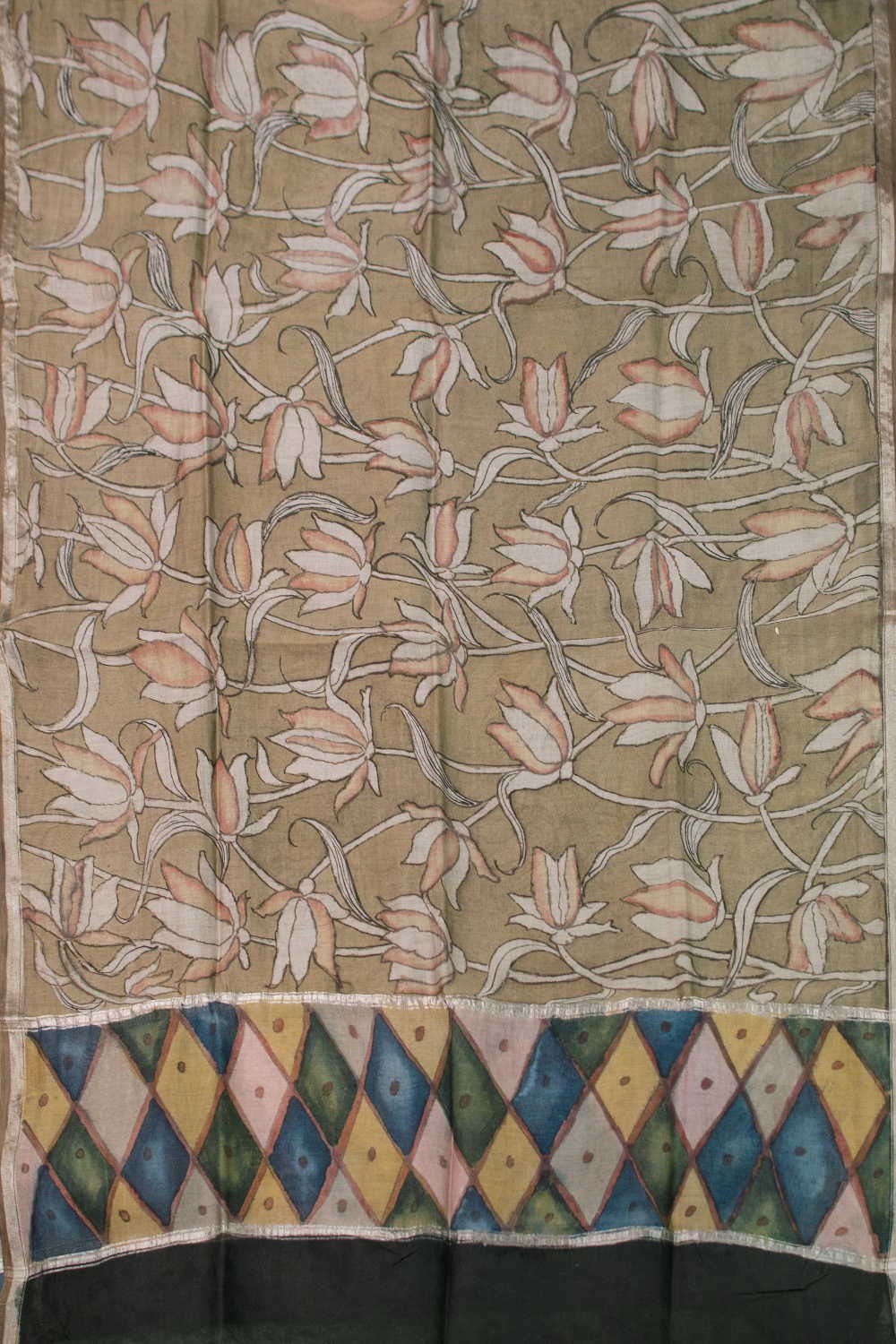 Lotus Pattern - Painted kalamkari Silk Cotton Dupatta - Image 3
