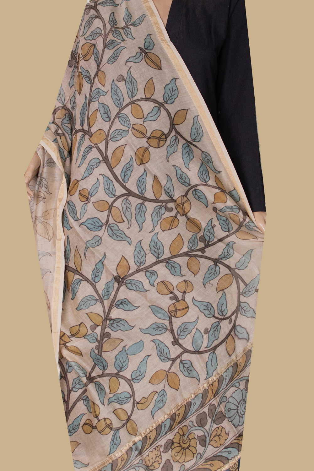 Leaf Foliage - Painted kalamkari Silk Cotton Dupatta