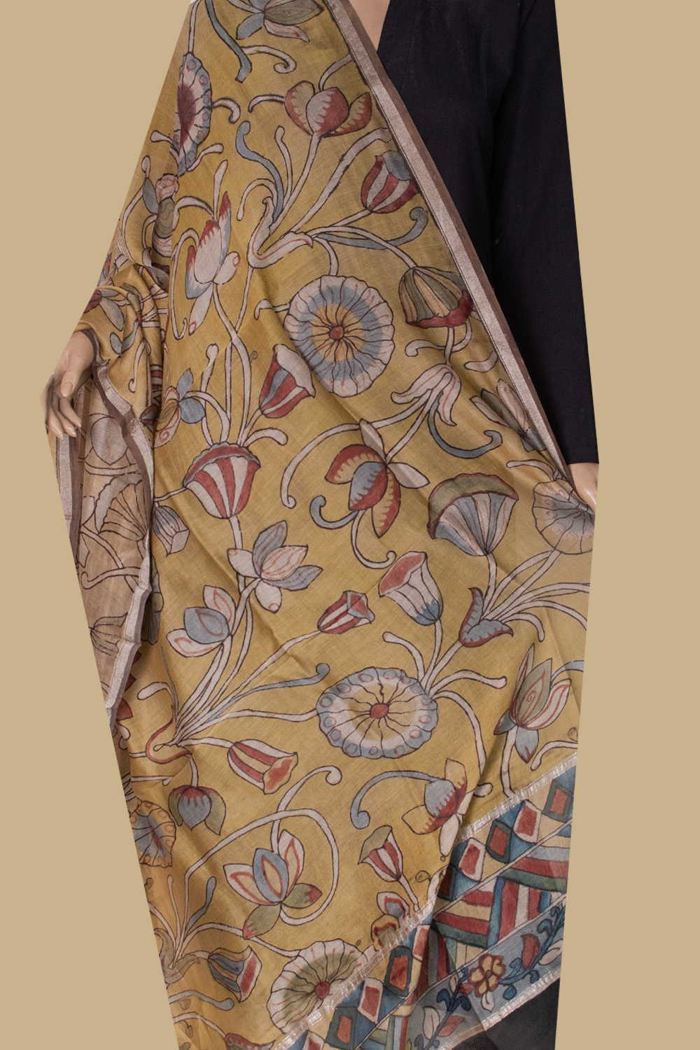 Blooming Scroll Painted kalamkari Silk Cotton Dupatta