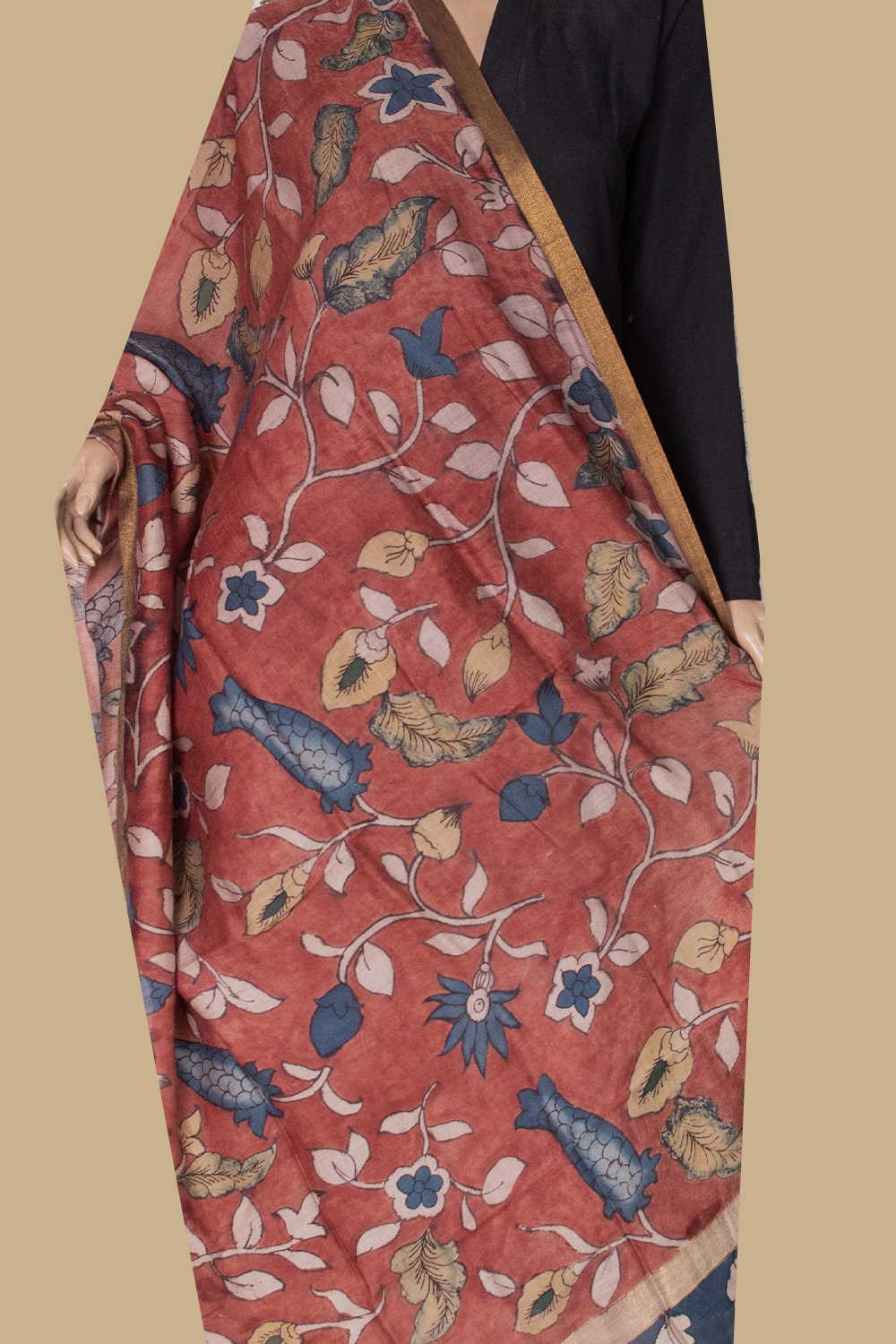 Maroon Painted kalamkari Silk Cotton Dupatta