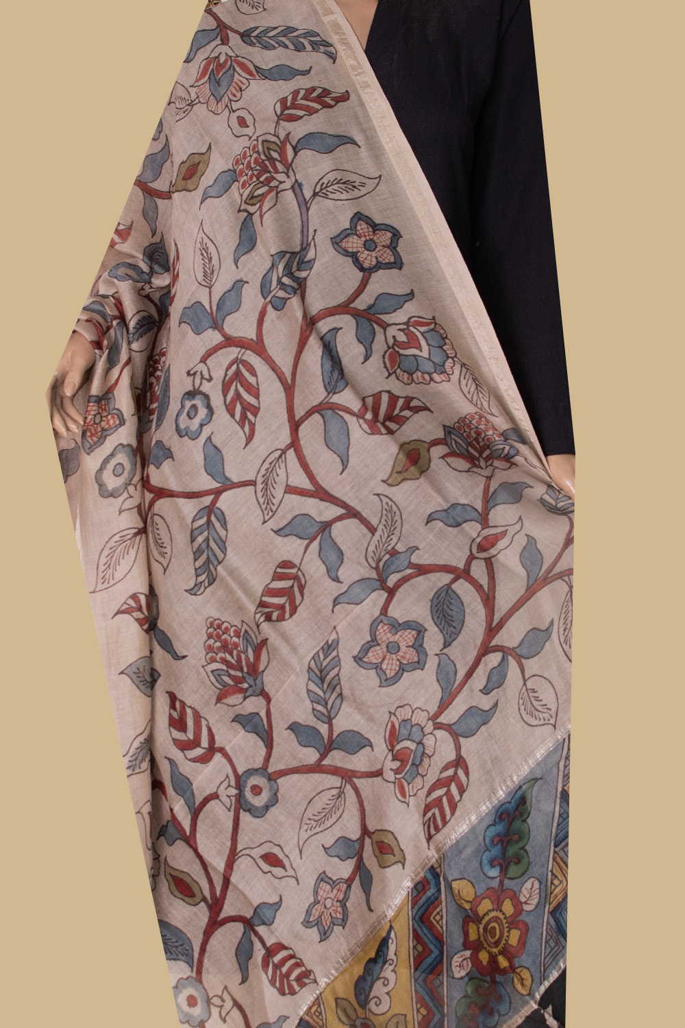Botanical Vine Painted kalamkari Silk Cotton Dupatta