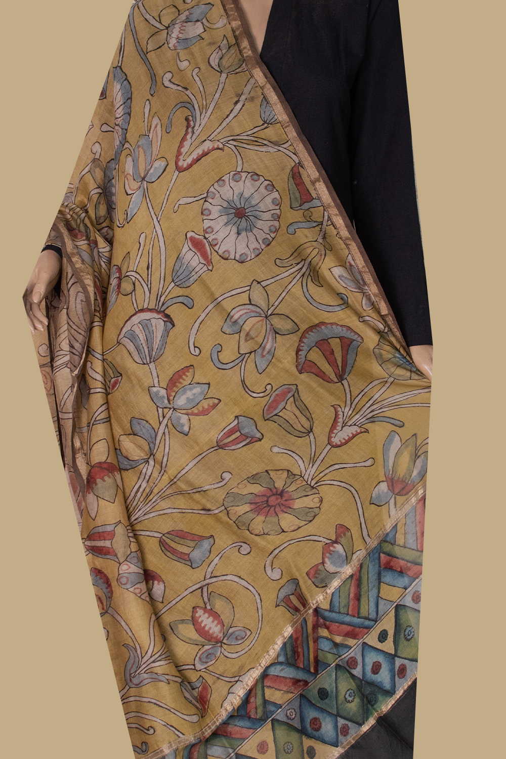 Bloom & Vine Painted kalamkari Silk Cotton Dupatta