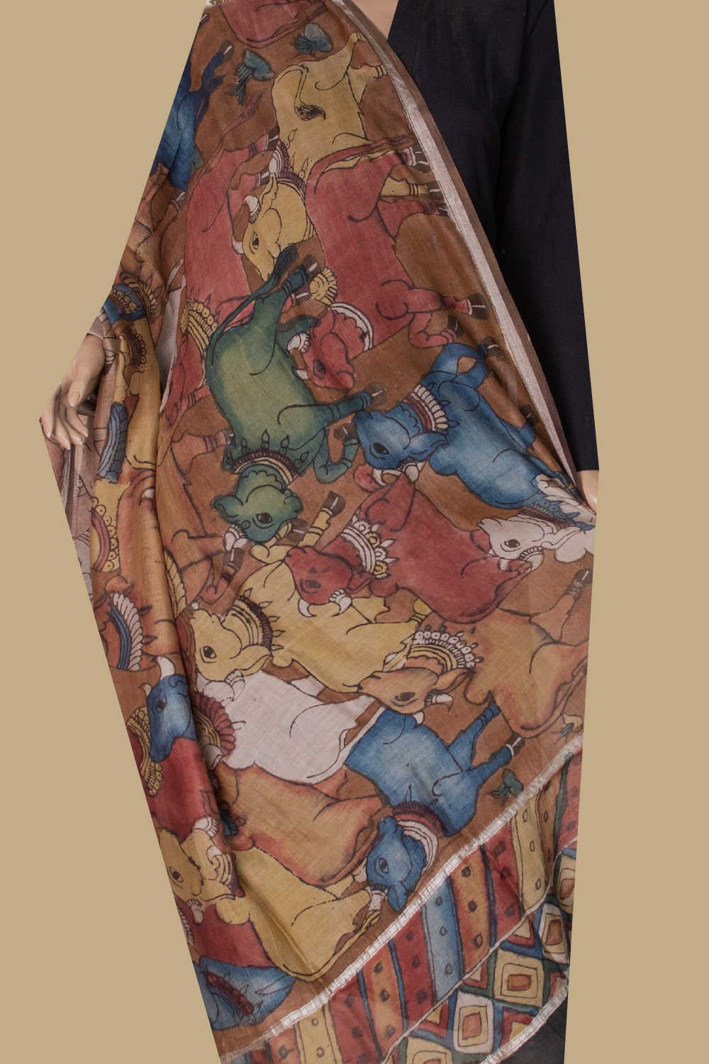 Village Cattles - Painted kalamkari Silk Cotton Dupatta