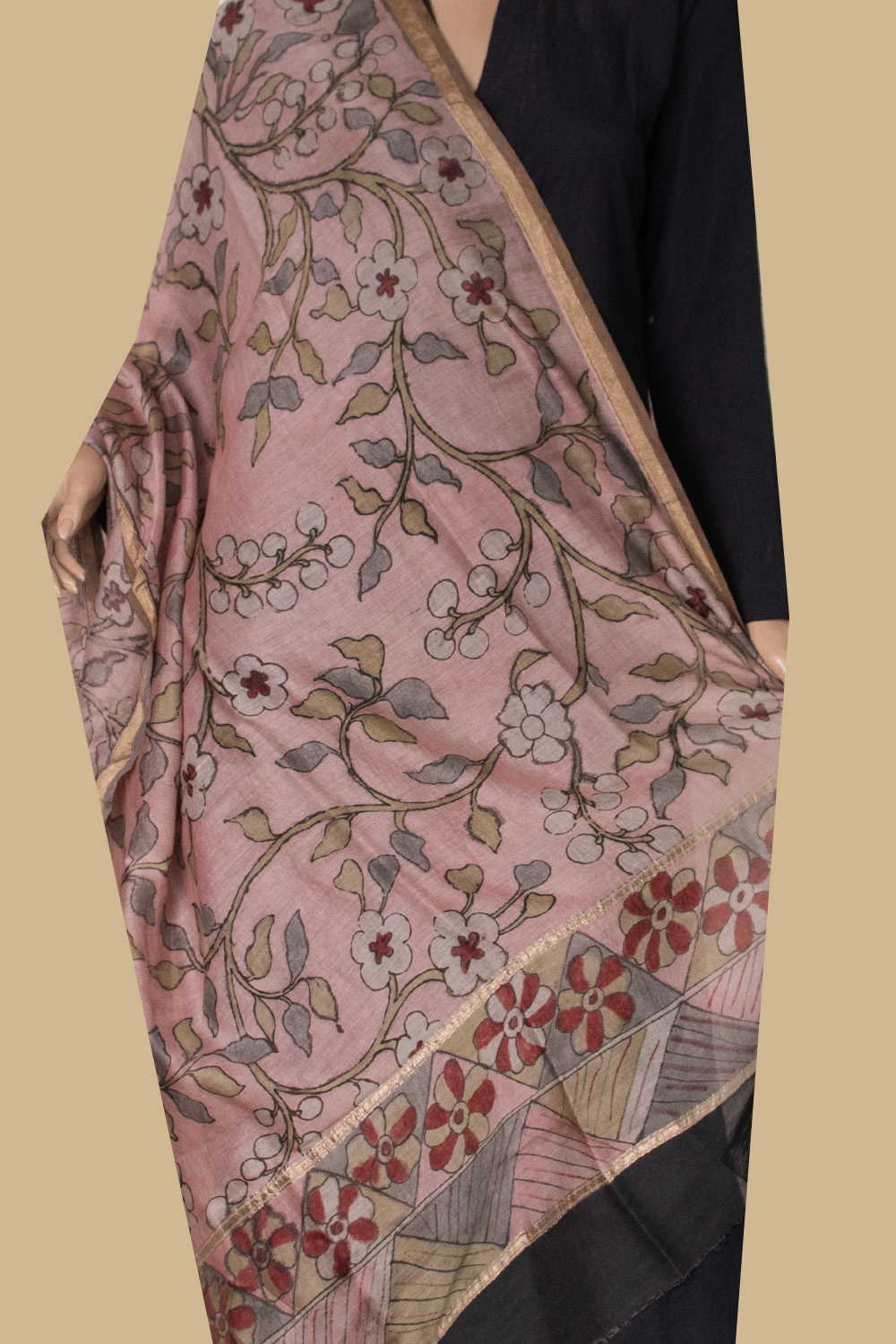 Blooming Vines Painted kalamkari Silk Cotton Dupatta