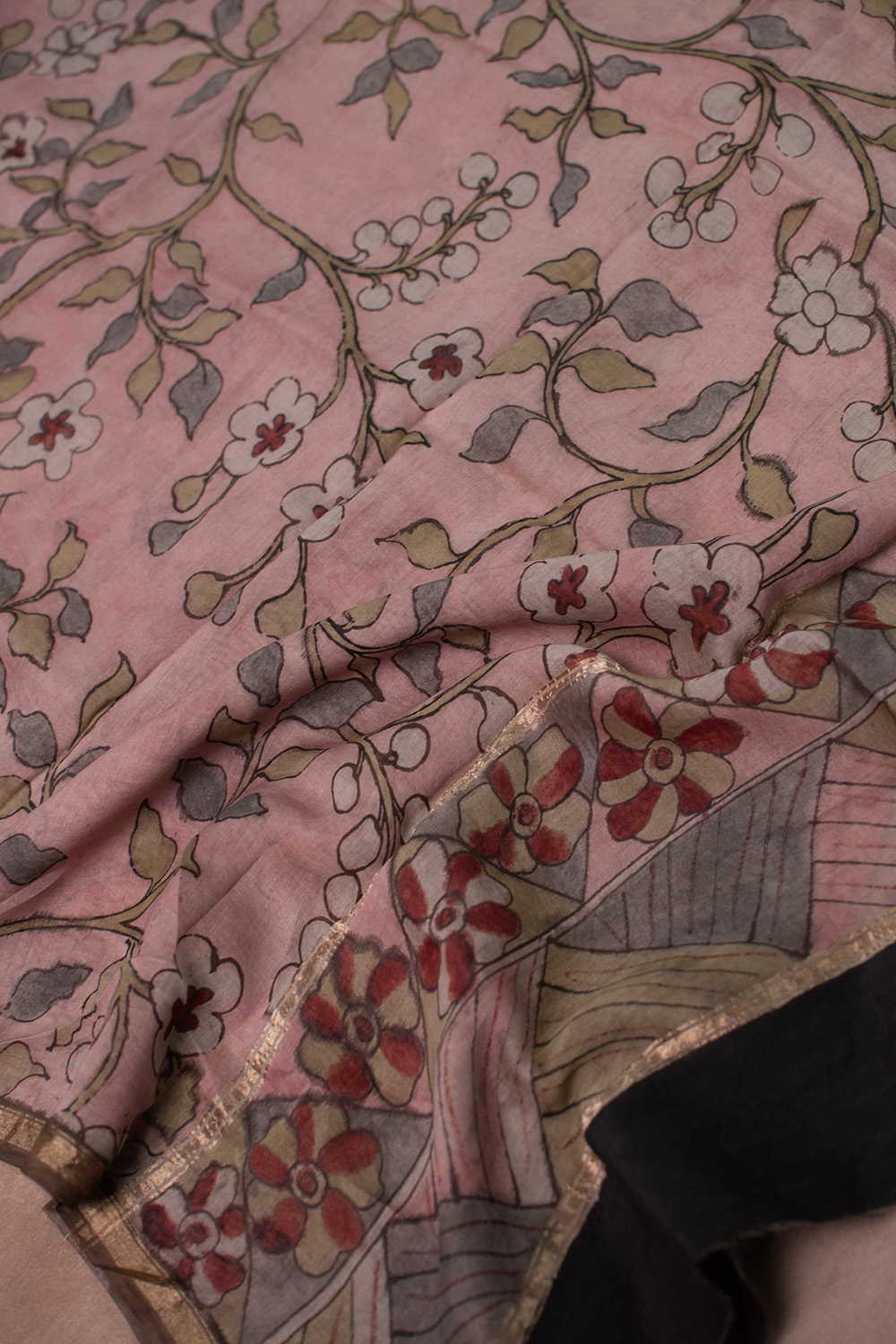 Blooming Vines Painted kalamkari Silk Cotton Dupatta - Image 2