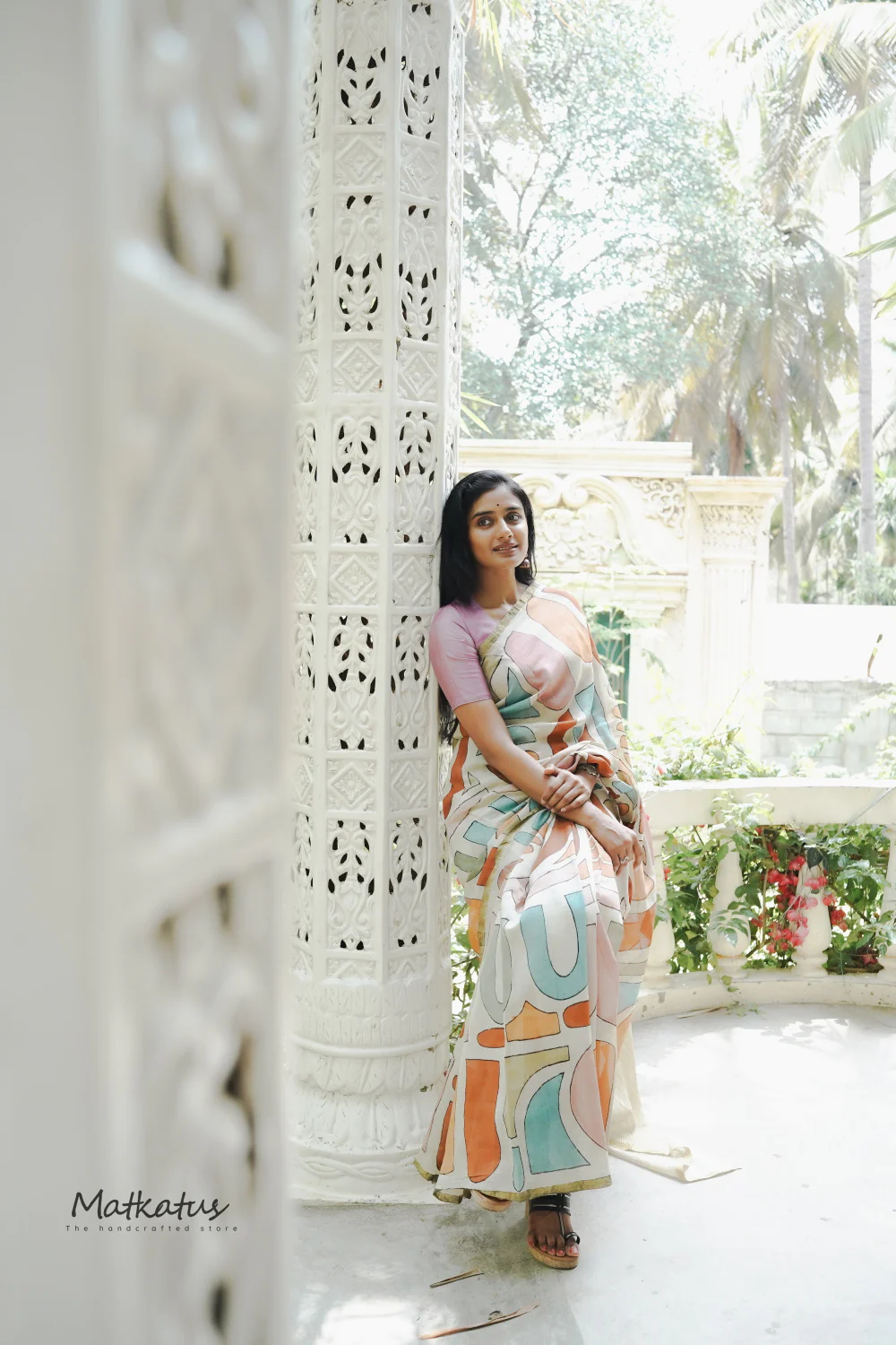 Cream Block Painted kalamkari Silk Cotton saree - Image 3