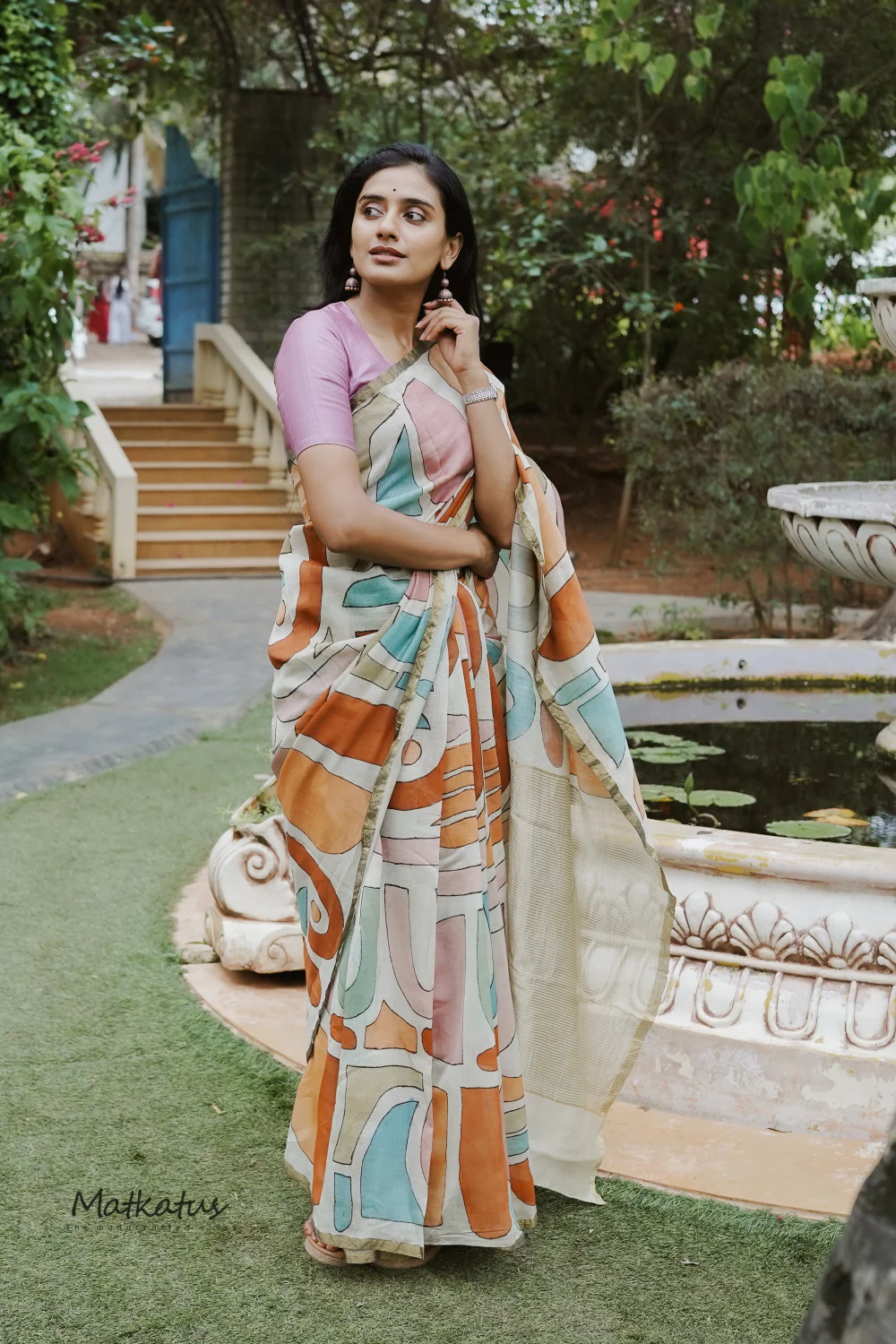 Cream Block Painted kalamkari Silk Cotton saree - Image 4
