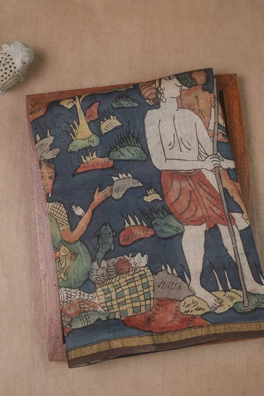 Village Story Panel Painted kalamkari Silk Cotton saree