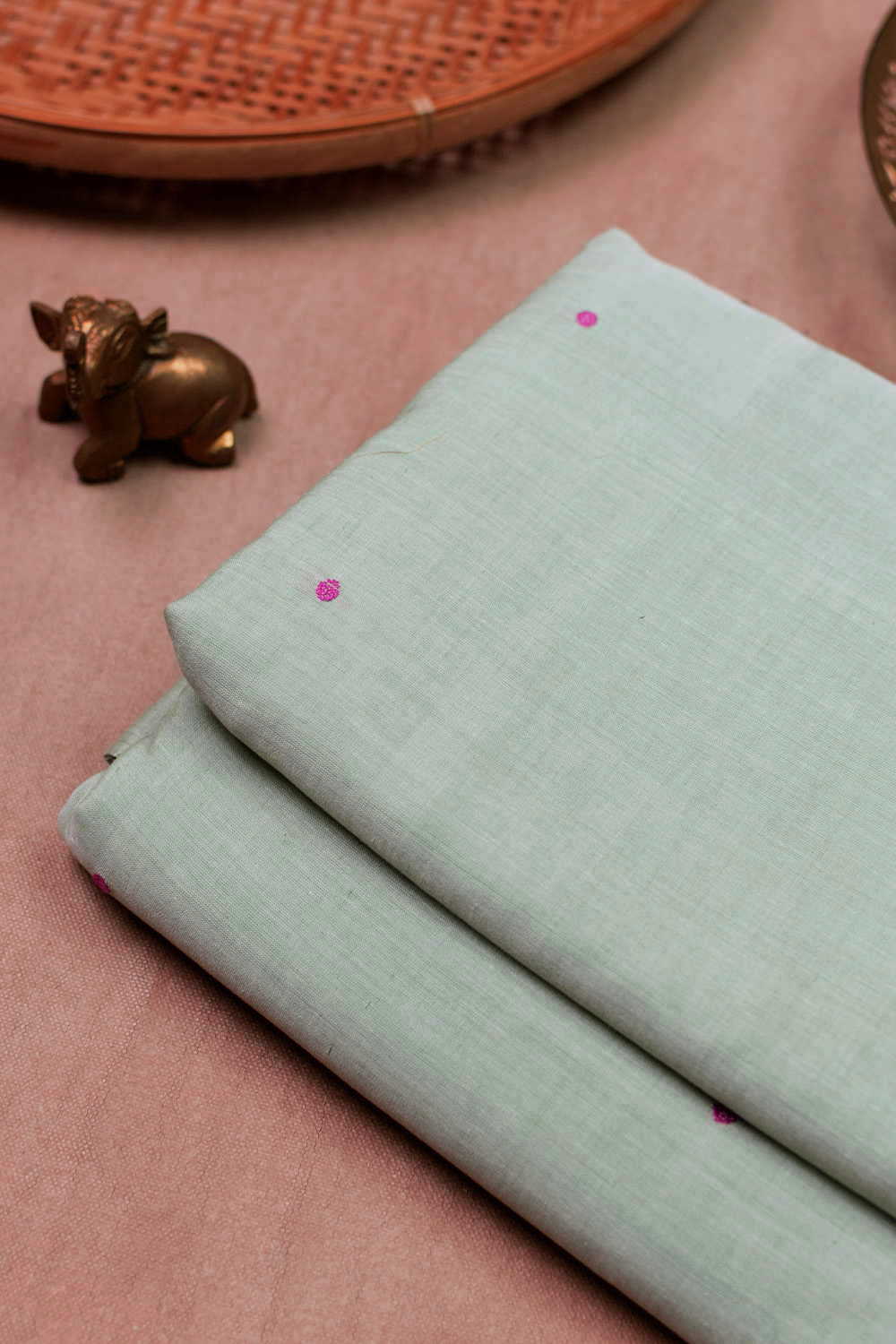 Pink Butta on Green Chanderi Cotton Fabric - 0.5m