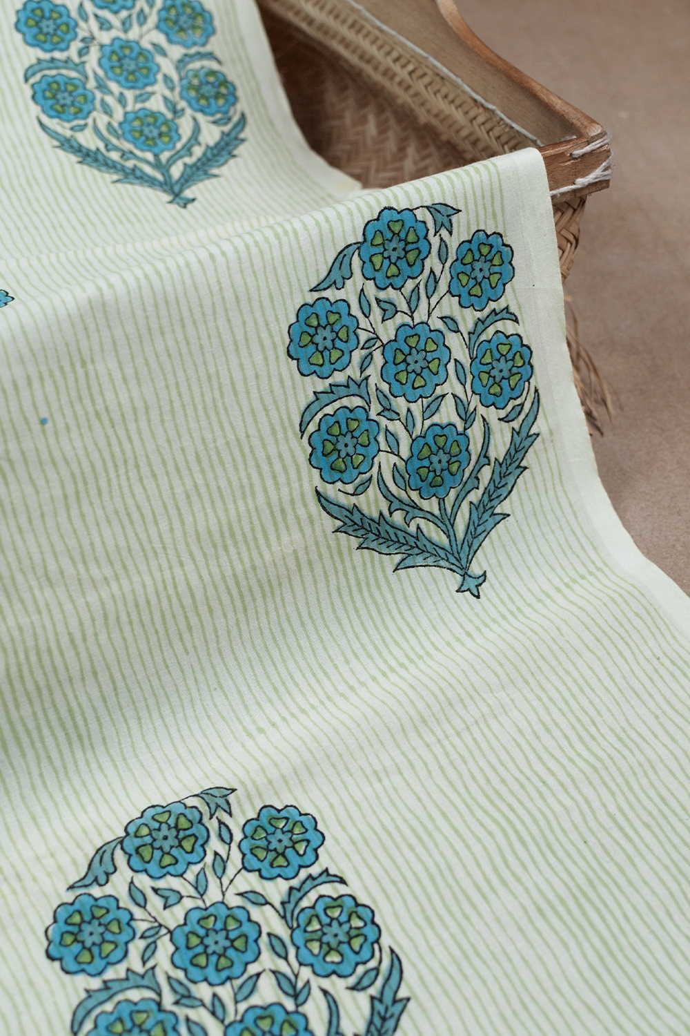 Green Stripped on Cream Sanganeri Cotton Fabric - 0.65m