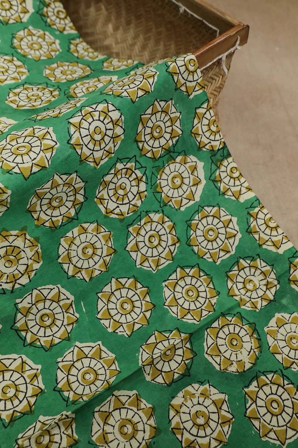 Rangoli Motifs on Green Bagru Cotton Fabric - 0.6m - Image 2