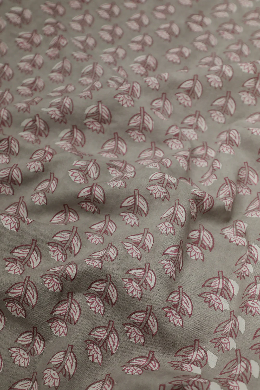 Grey with Florets Block Printed Cotton Fabric - 1m - Image 2