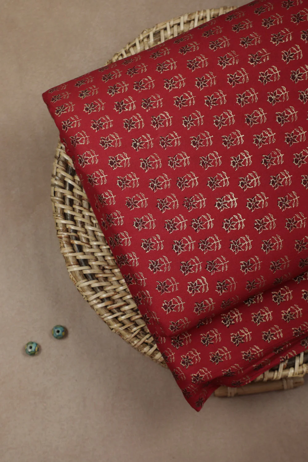 Traditional Red with Florets Block Printed Fabric - 0.55m - Image 2