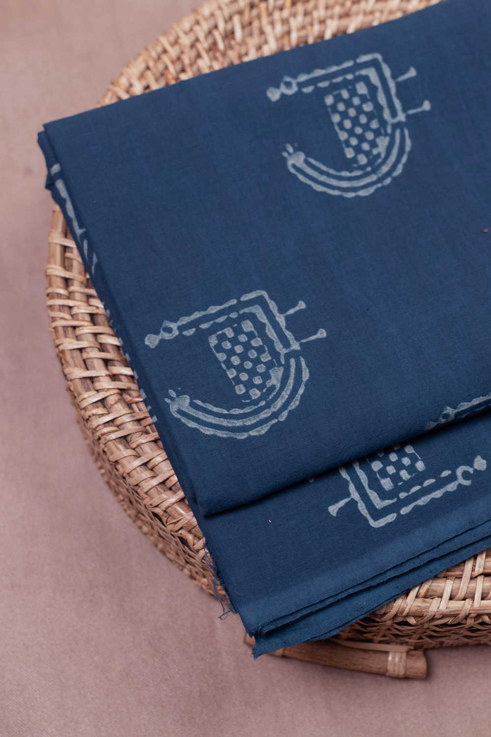 Peacock Motif - Indigo Dabu Cotton Fabric- 0.9m