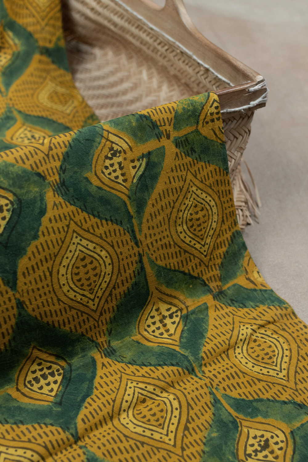 Dark Yellow with Green Ajrak Cotton Fabric - 1.3m - Image 3