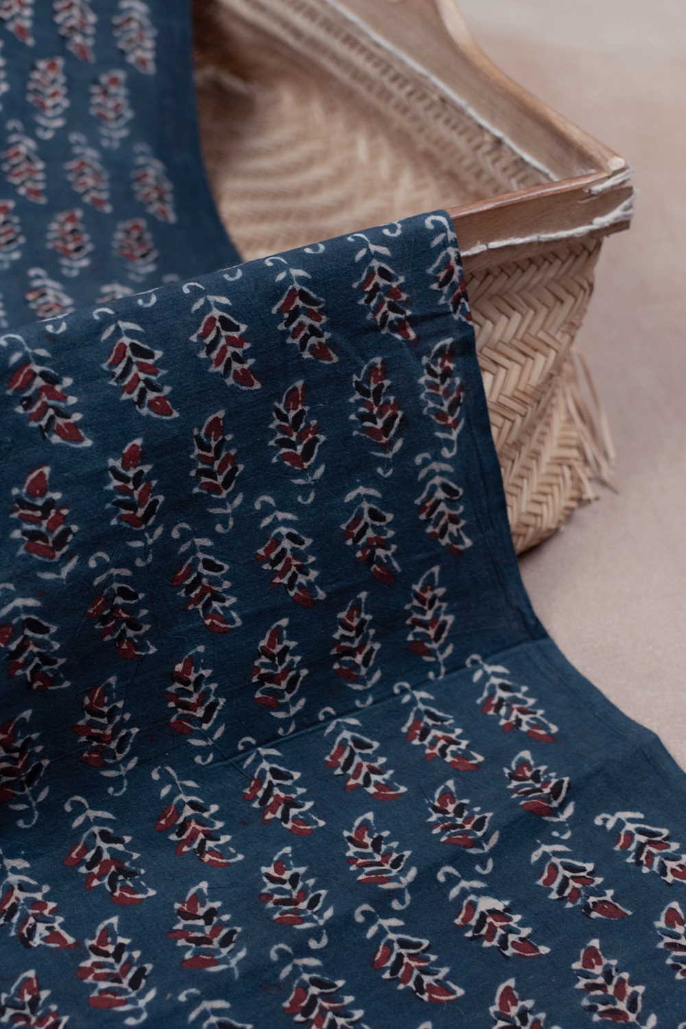 Maroon Florets on Indigo Ajrak Cotton Fabric - 0.65m - Image 3