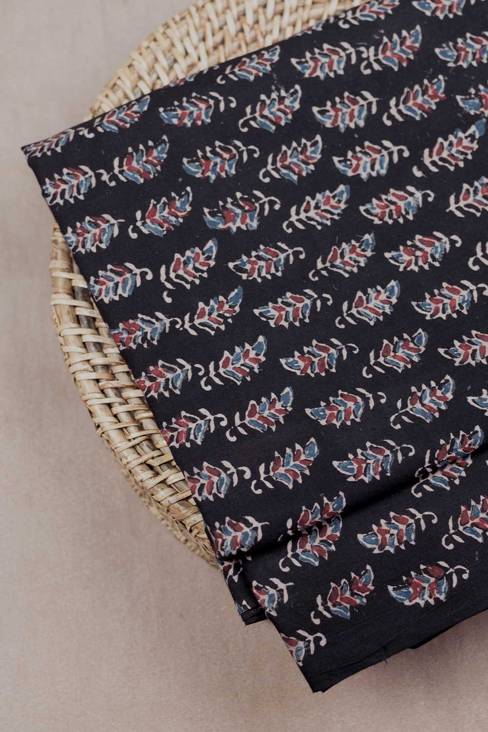 Floral on Black Ajrak Cotton Fabric - 1.7m