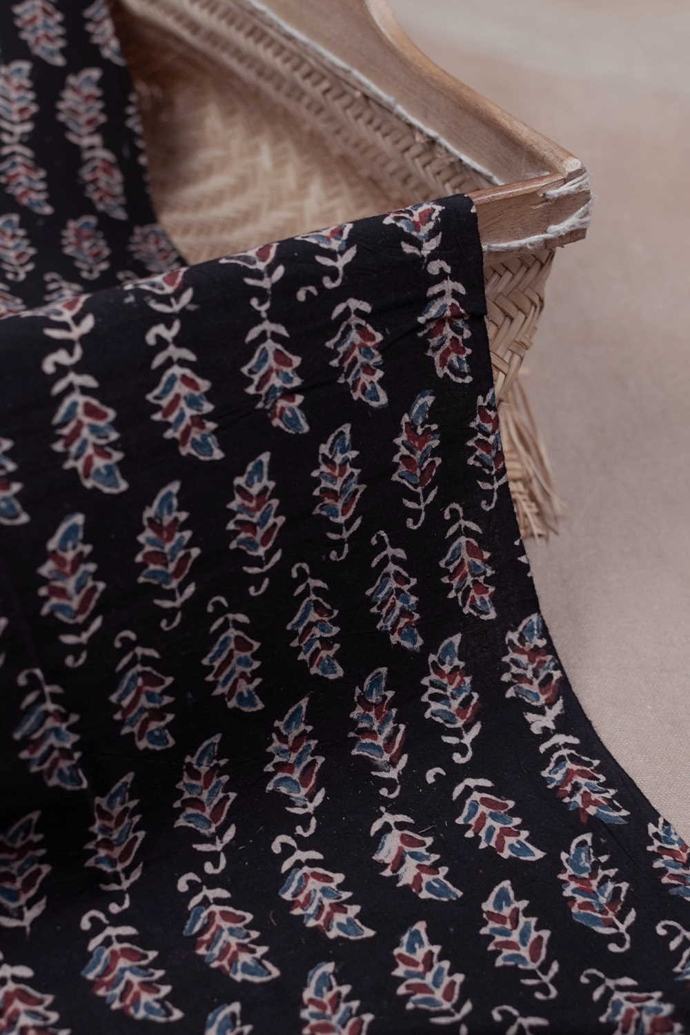 Floral on Black Ajrak Cotton Fabric - 1.7m - Image 3