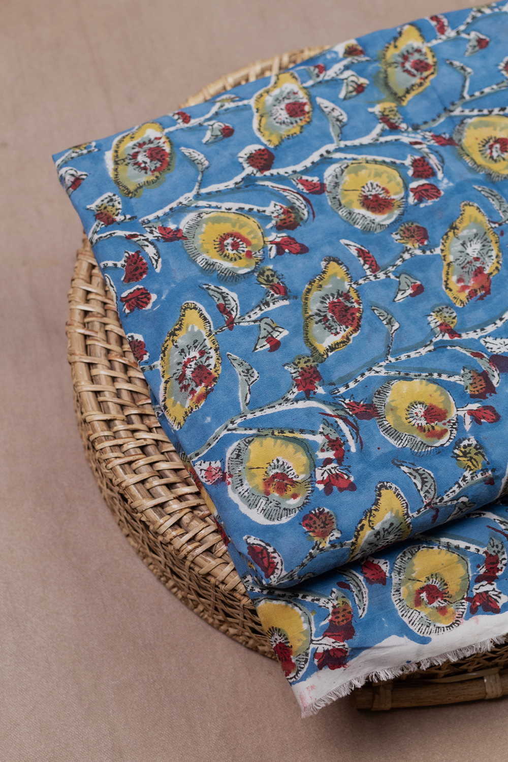 Yellow Floral - Blue Mul Cotton Sanganeri Fabric - 0.7m