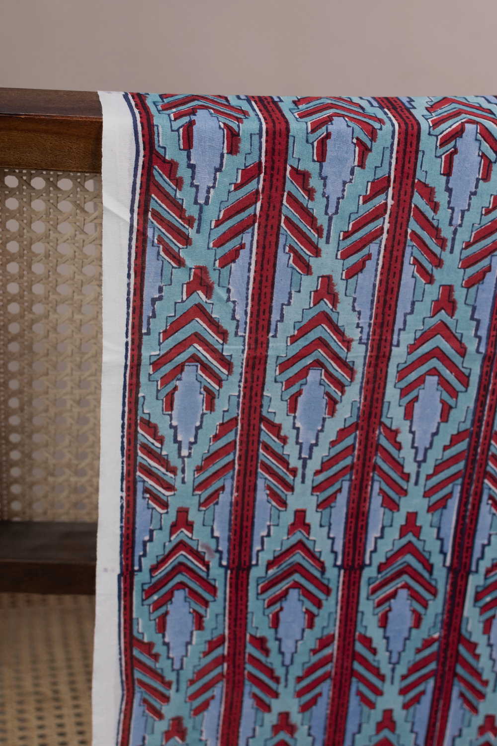 Maroon Pattern on Blue Mul Cotton Sanganeri Fabric - 0.75m - Image 2