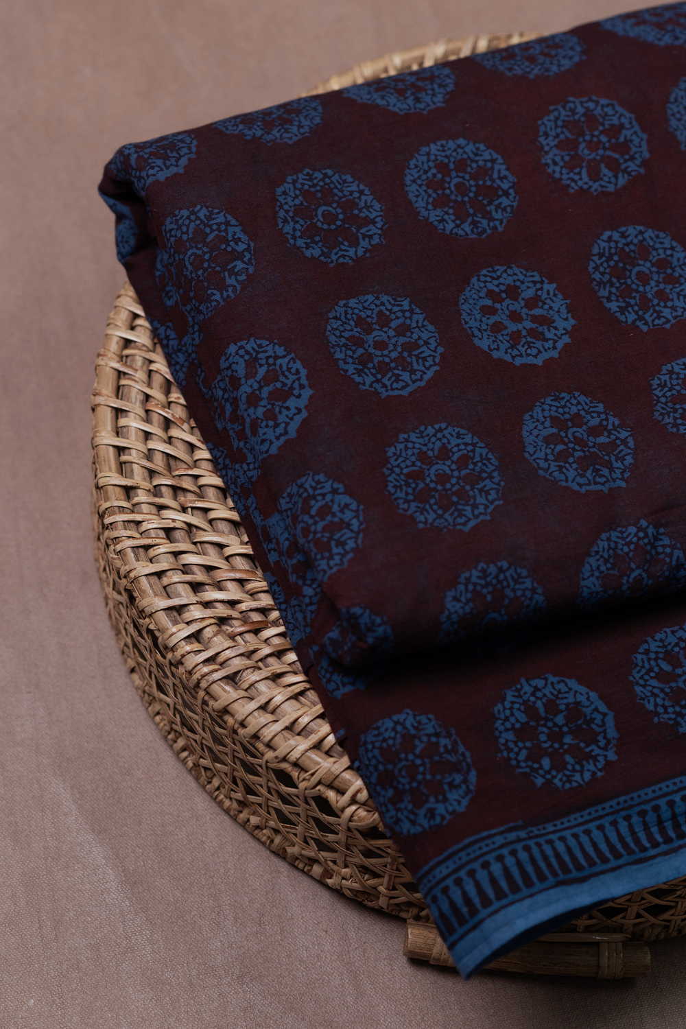 Rustic Brown With Blue Medallion Bagh Cotton Fabric - 0.65m - Image 3