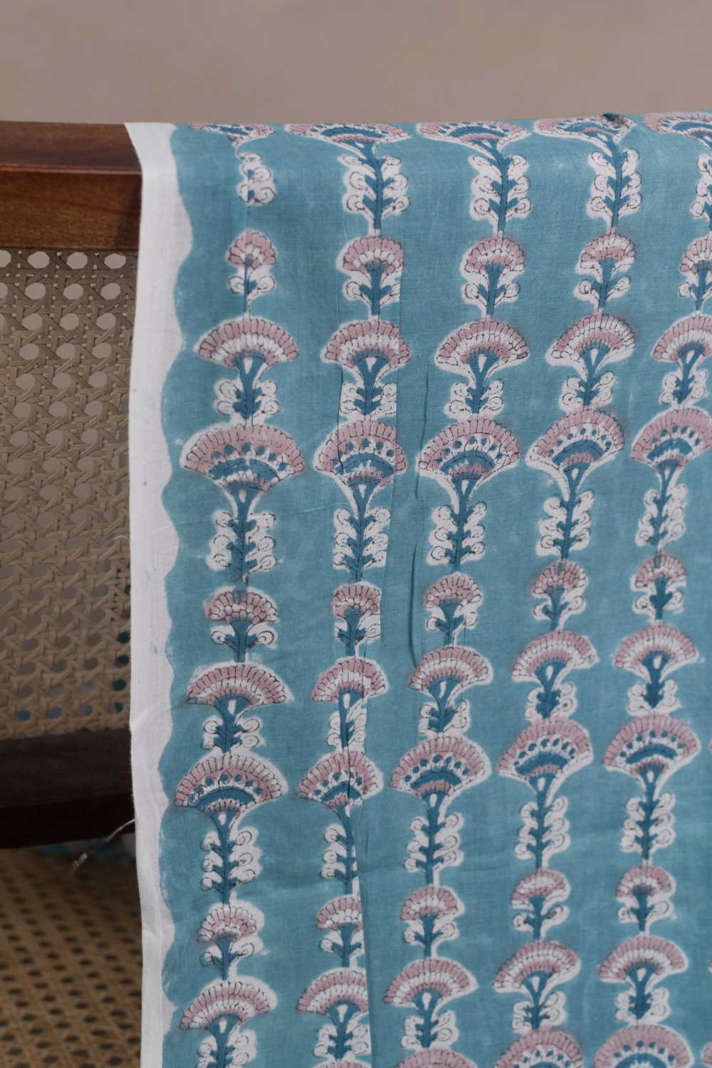 Earthy Floral Teal Blue Sanganeri Fabric - 0.6m