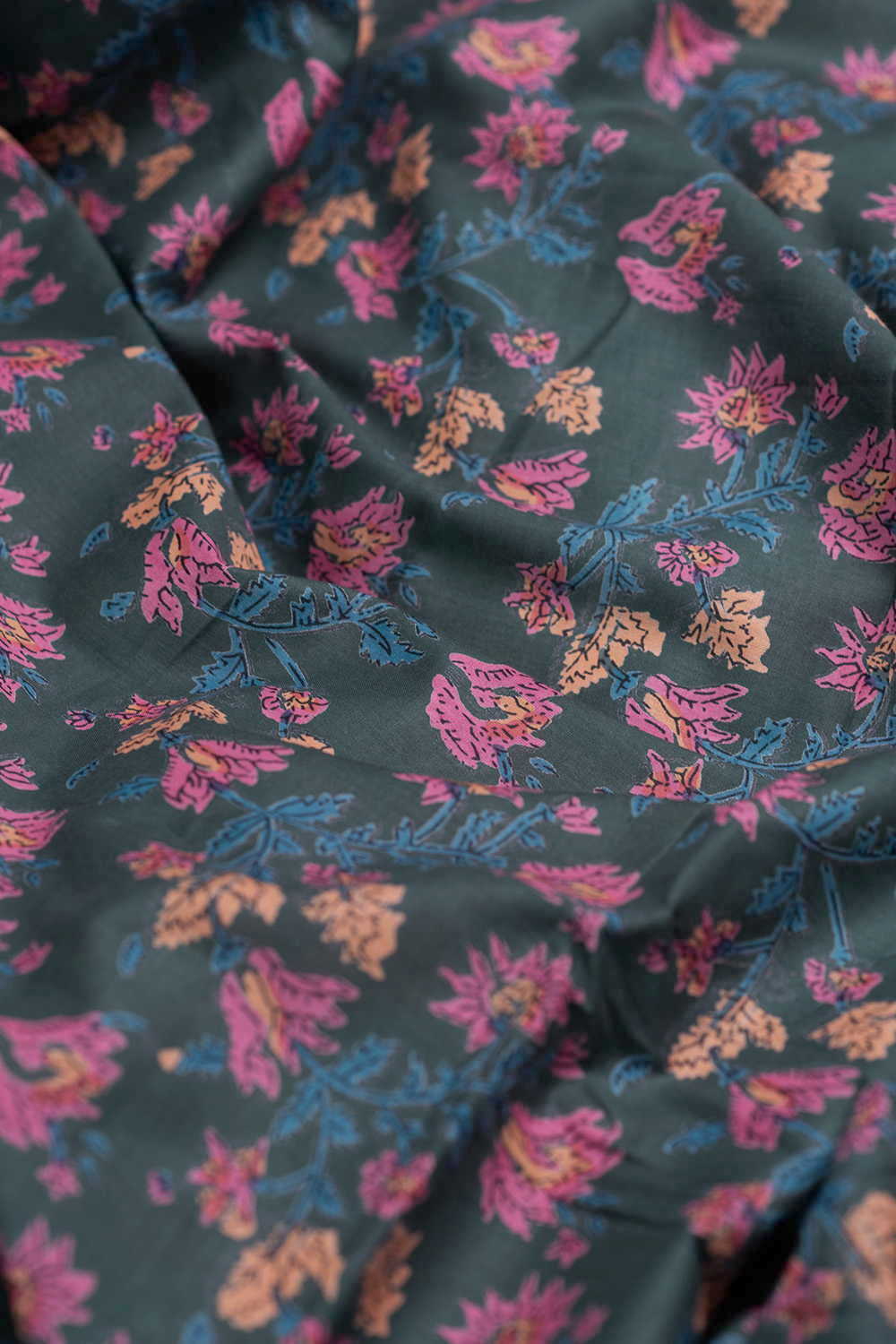 Pink Floral on Green Sanganeri Mul Cotton Fabric - 0.6m - Image 2