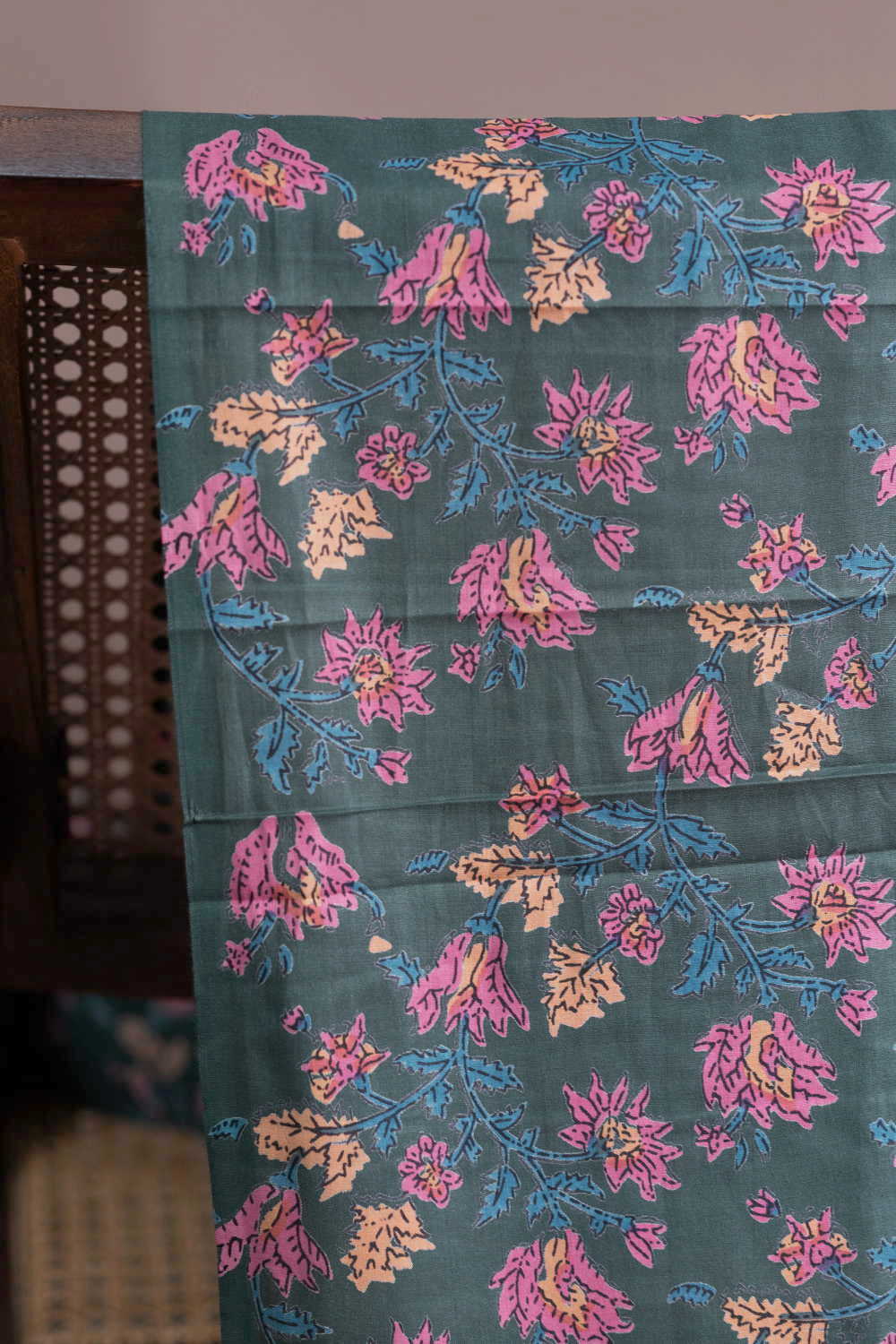 Pink Floral on Green Sanganeri Mul Cotton Fabric - 0.6m - Image 3