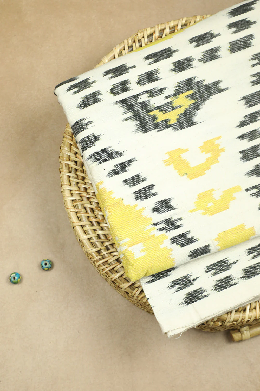 Yellow Circle on Cream Ikat cotton Home Furnishing Fabric - 0.55m