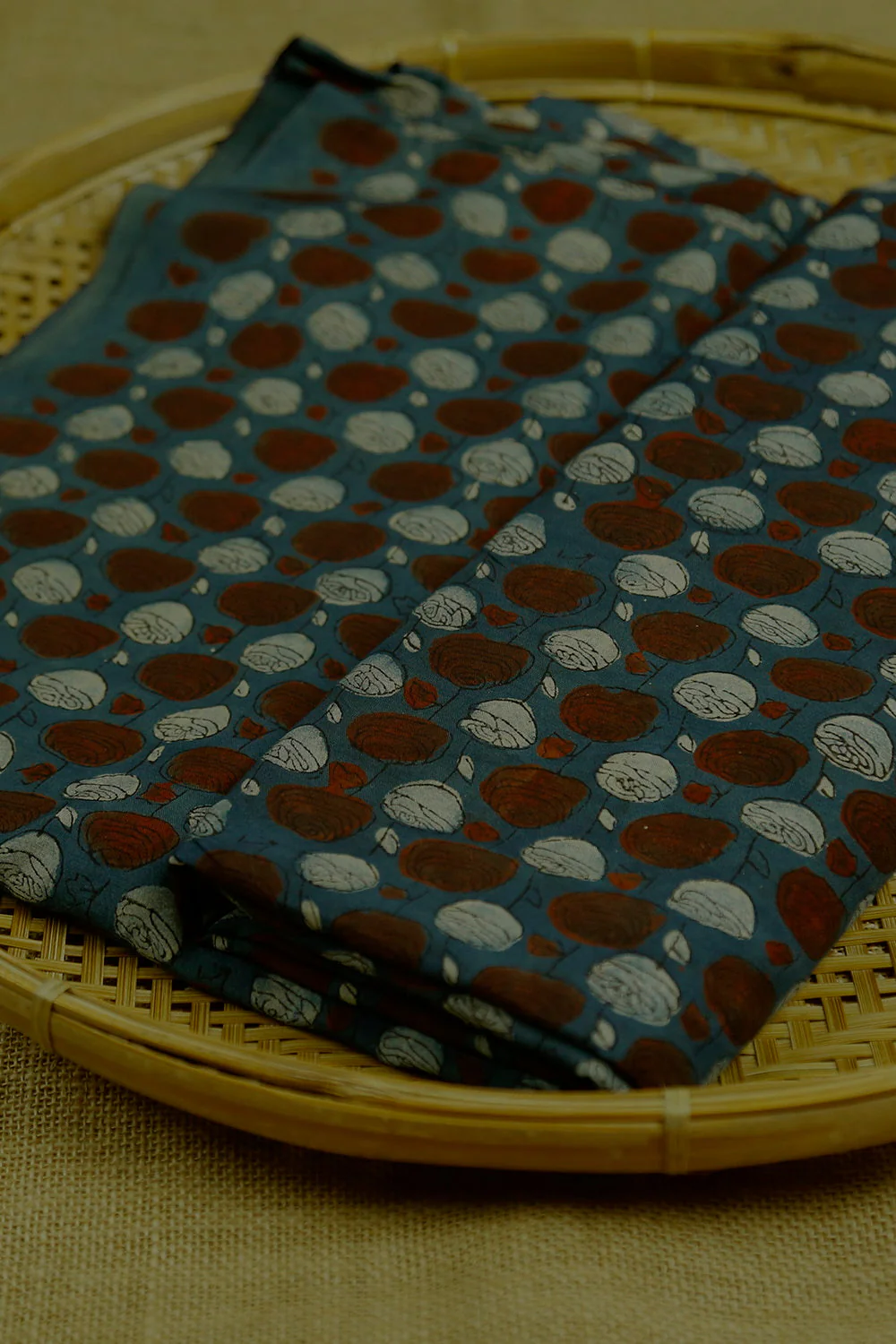Roses on Indigo Block Printed Viscose Silk Cotton Fabric - 0.55m