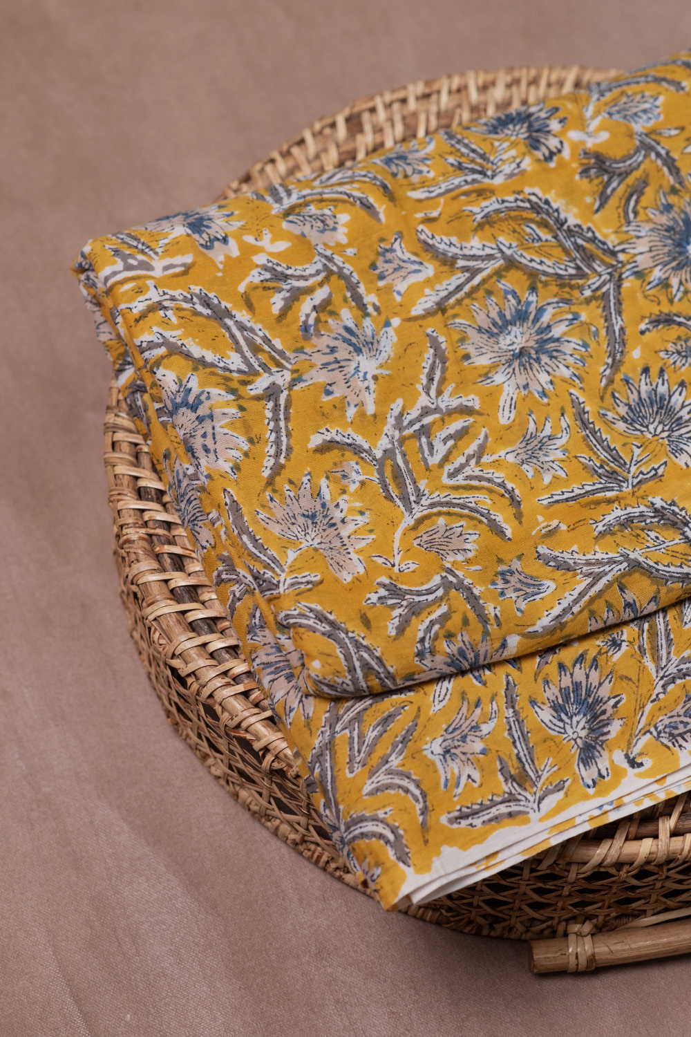 Yellow with Floral Sanganeri Mul Cotton Fabric-1.5 m