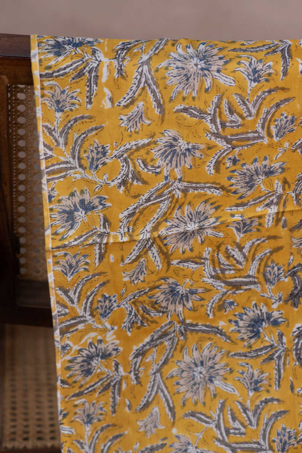 Yellow with Floral Sanganeri Mul Cotton Fabric-1.5 m - Image 2
