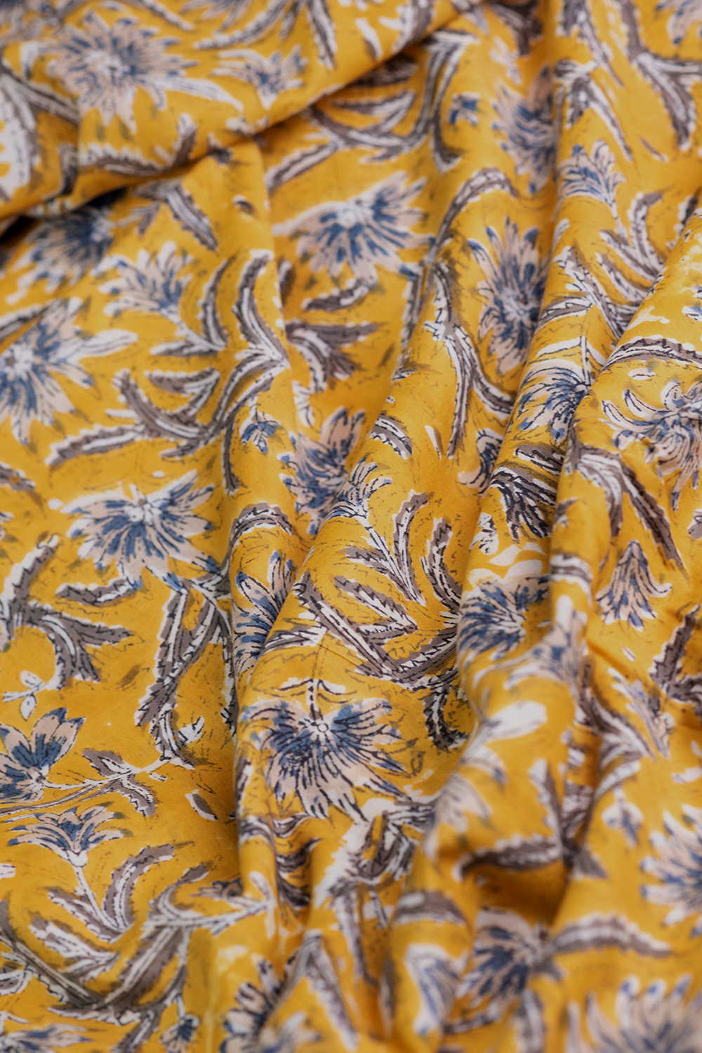 Yellow with Floral Sanganeri Mul Cotton Fabric-1.5 m - Image 3
