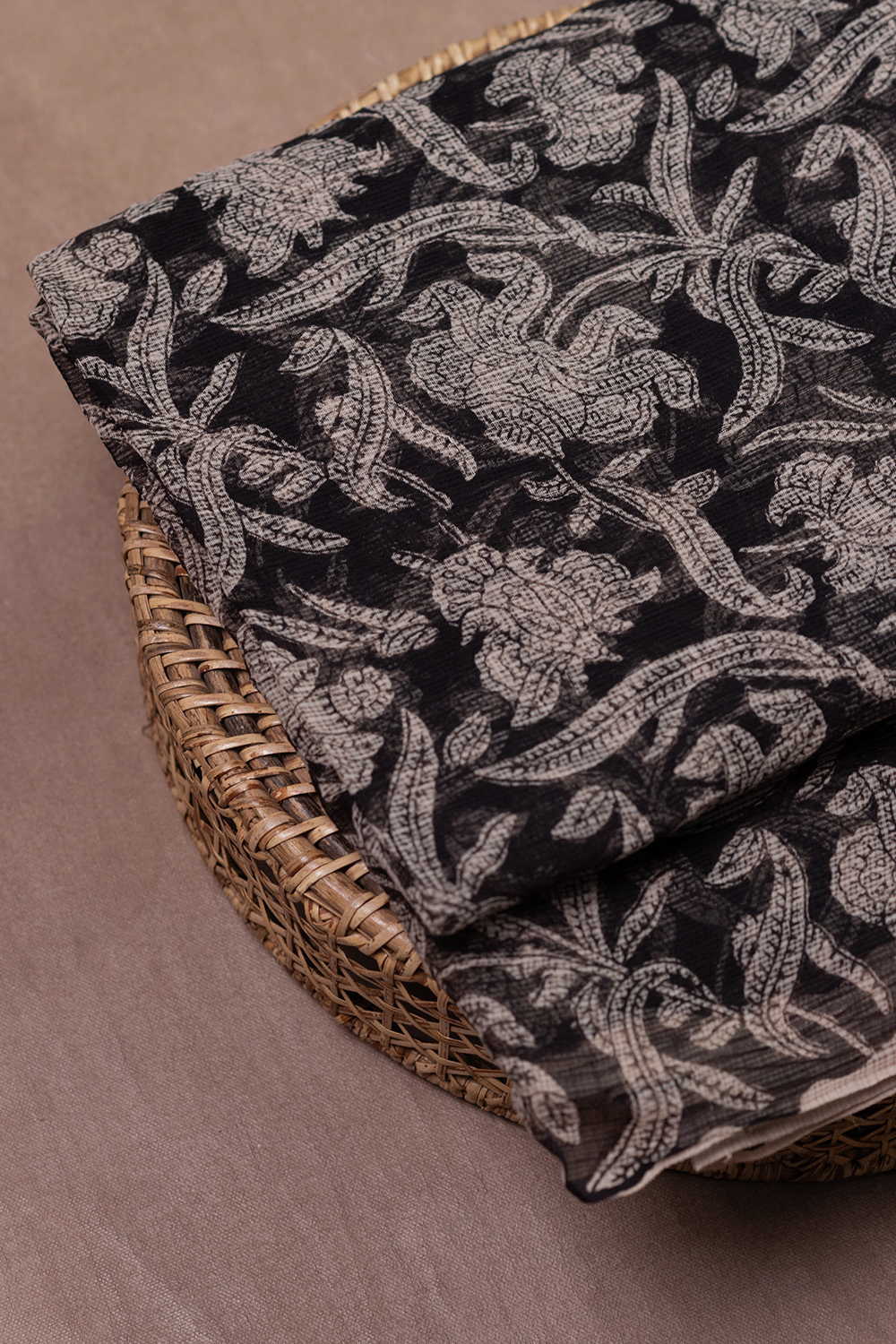 Florals on Black Bagru Kota Cotton Fabric - 0.5m