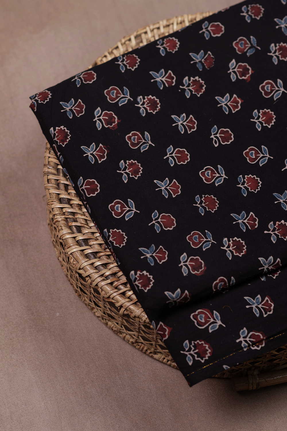 Black with Bloom Ajrak Cotton Fabric - 0.8m