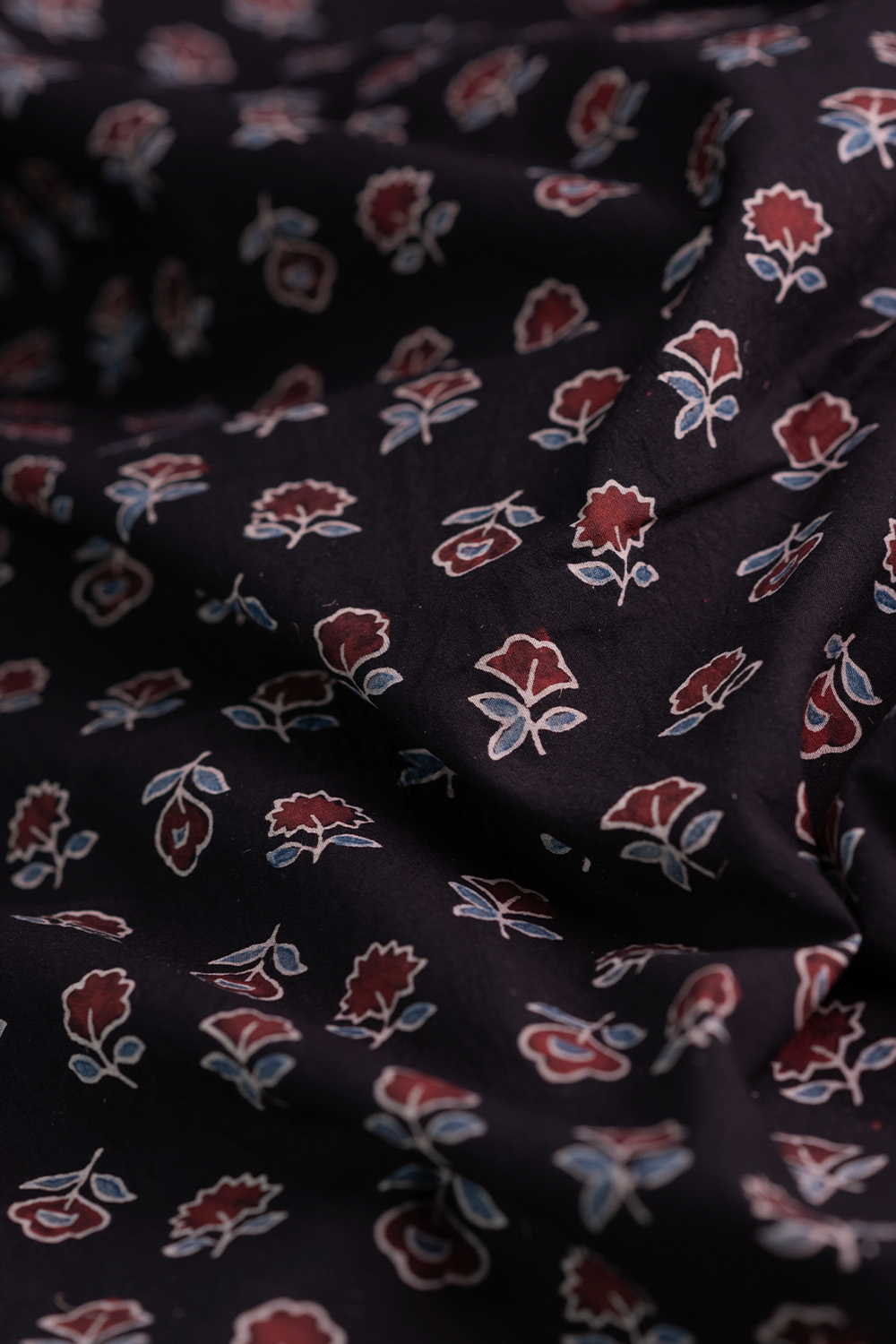 Black with Bloom Ajrak Cotton Fabric - 0.8m - Image 2