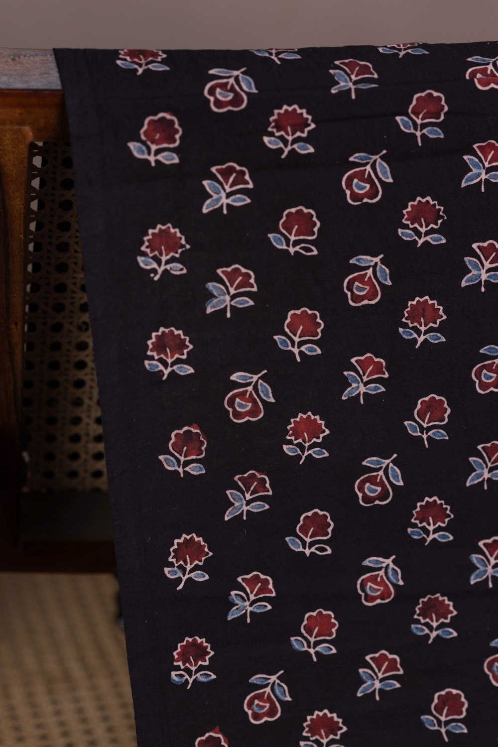 Black with Bloom Ajrak Cotton Fabric - 0.8m - Image 3