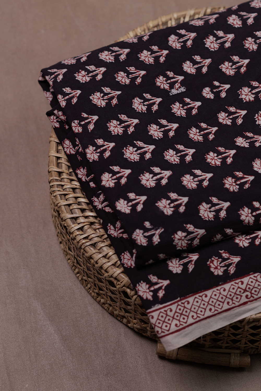Cream Motif on Black Bagh Cotton Fabric - 0.9m