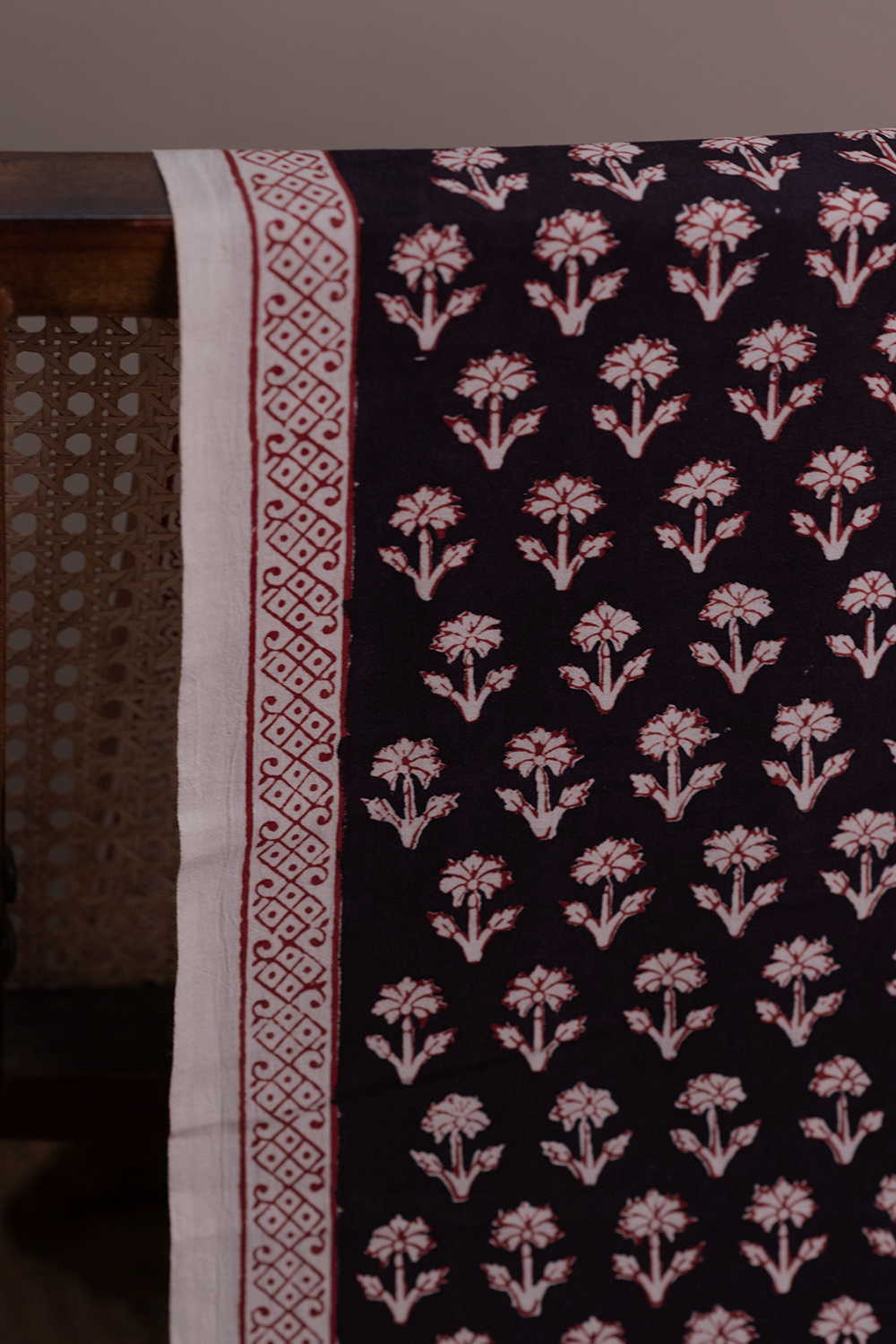 Cream Motif on Black Bagh Cotton Fabric - 0.9m - Image 2