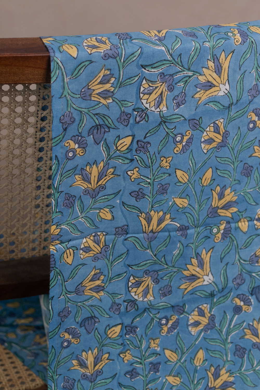 Mustard Bloom on Blue Sanganeri Cotton Fabric-0.7m