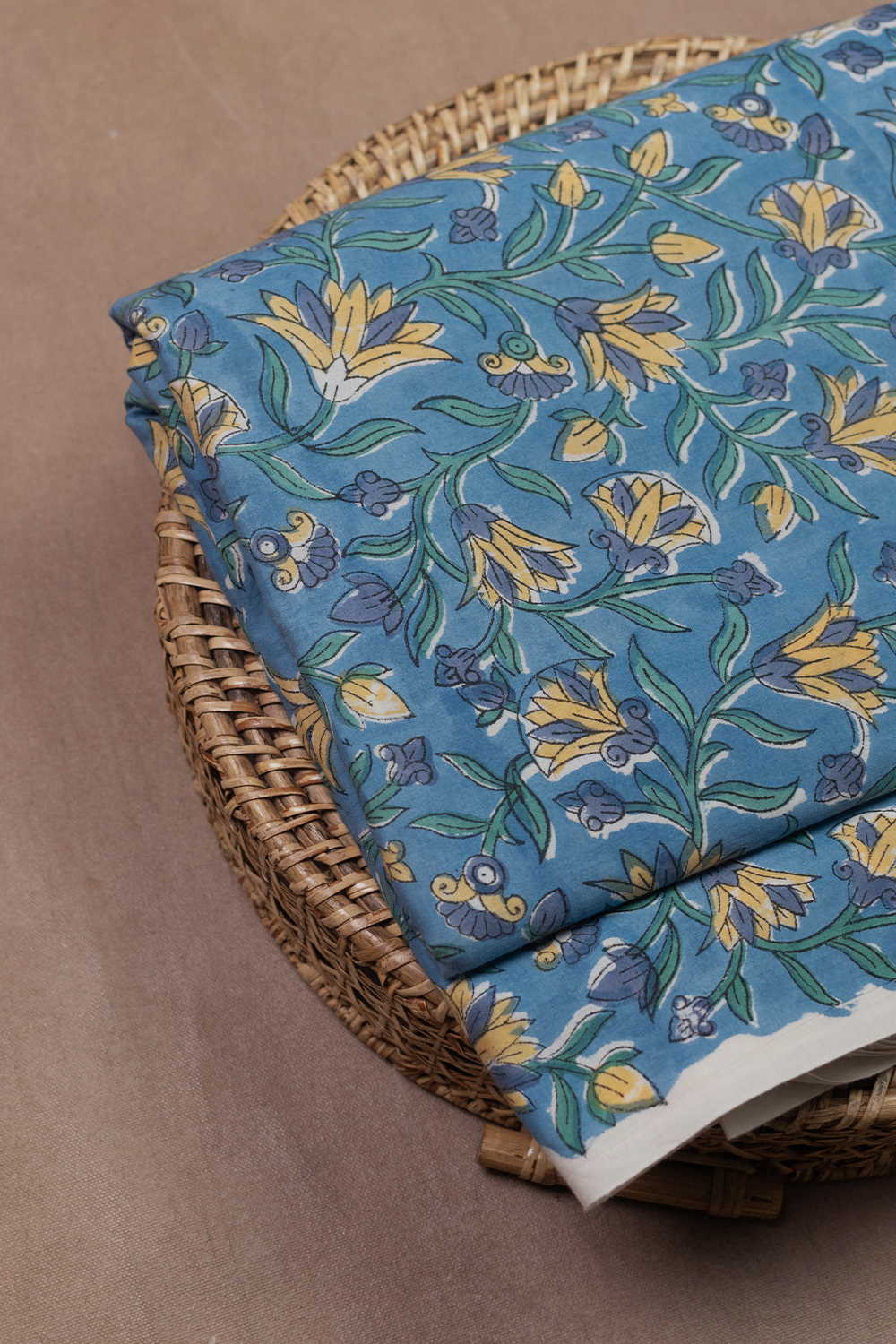 Mustard Bloom on Blue Sanganeri Cotton Fabric-0.7m - Image 2