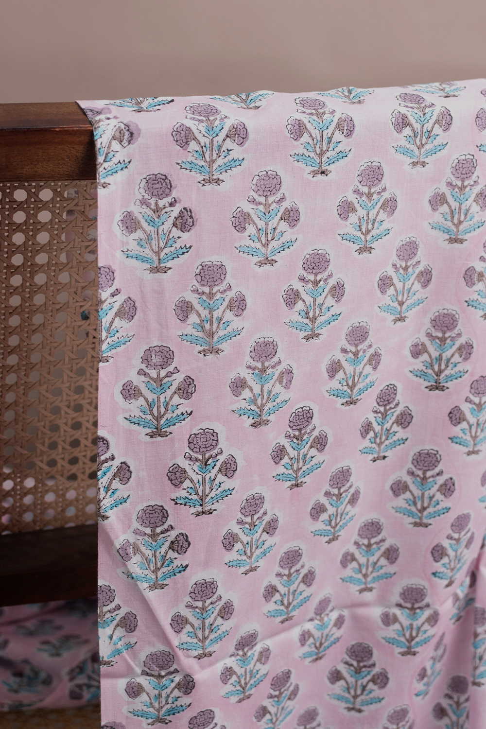 Baby Pink with Florets Sanganeri Cotton Fabric - 0.9m