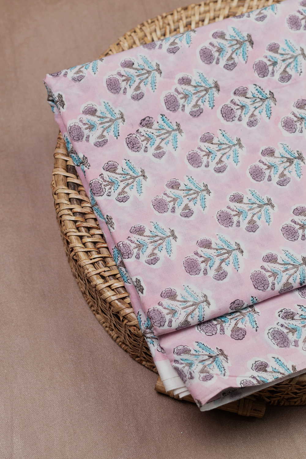 Baby Pink with Florets Sanganeri Cotton Fabric - 0.9m - Image 2