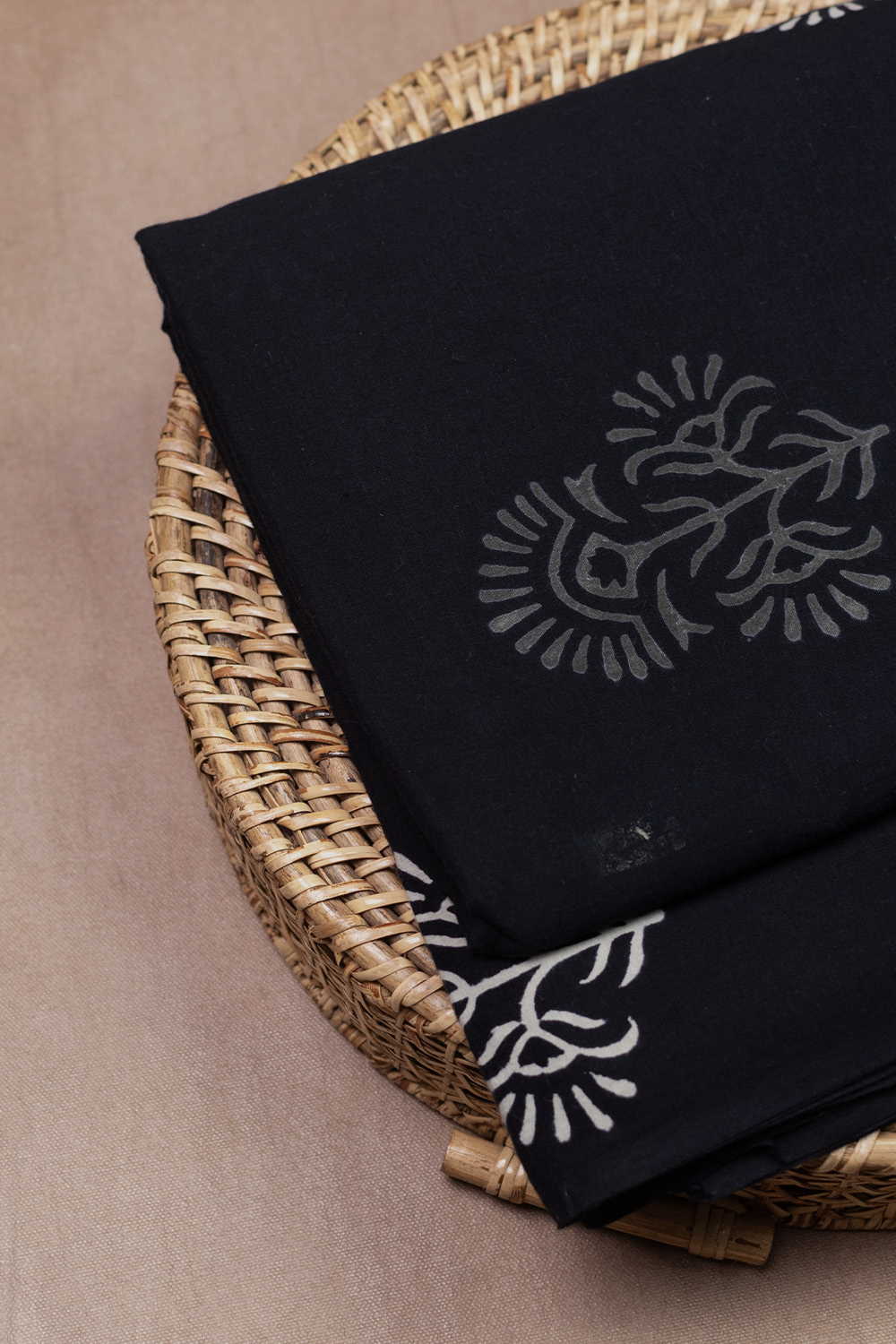 Grey & Cream Butta on Black Bagru Cotton Fabric - 1.4m