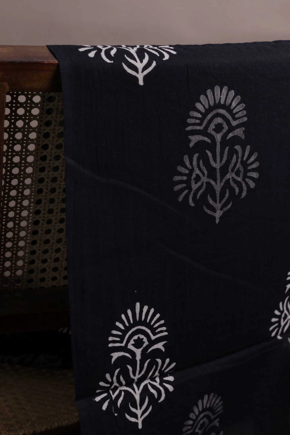 Grey & Cream Butta on Black Bagru Cotton Fabric - 1.4m - Image 3