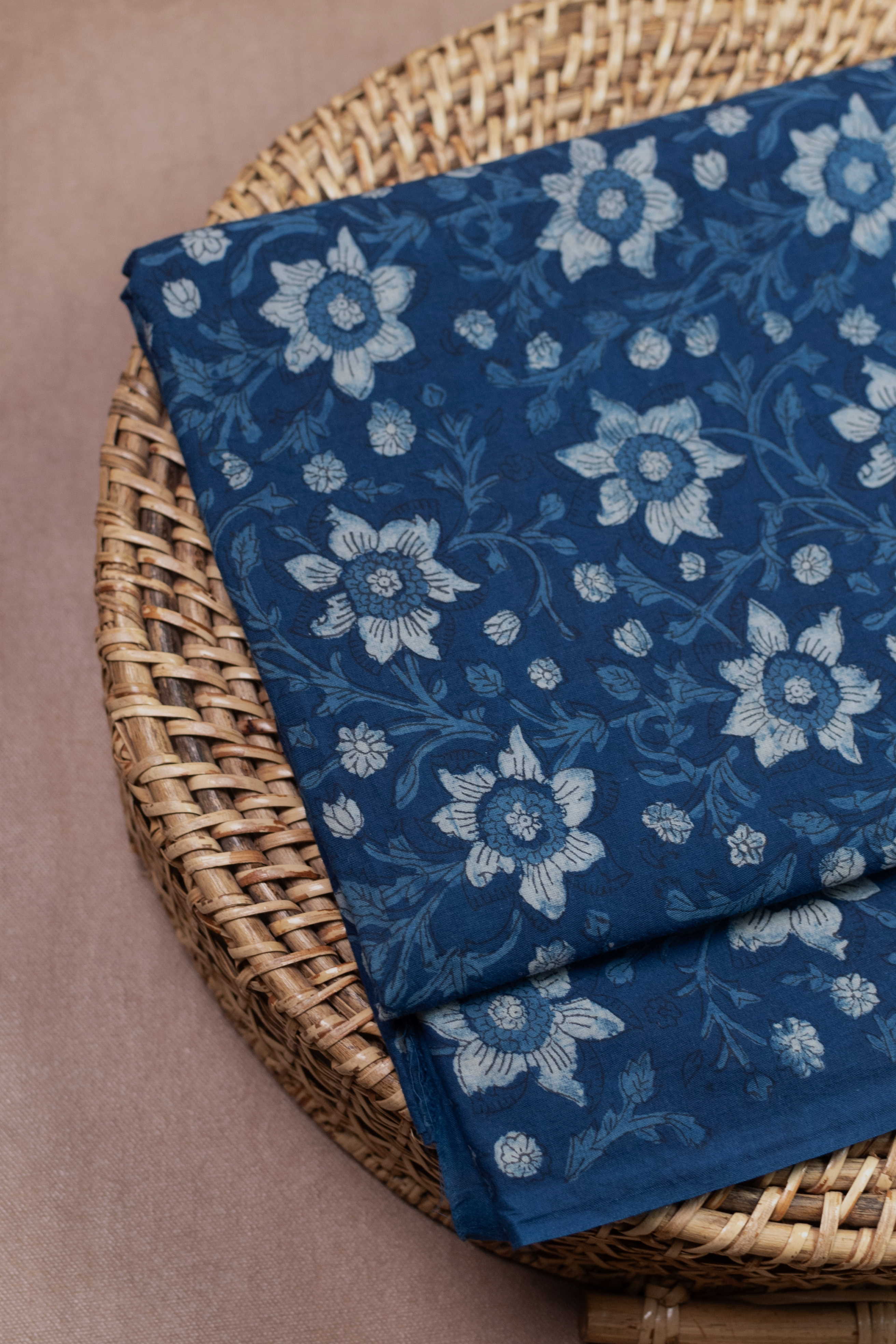 Florals on Indigo Dabu Cotton Fabric - 0.9m